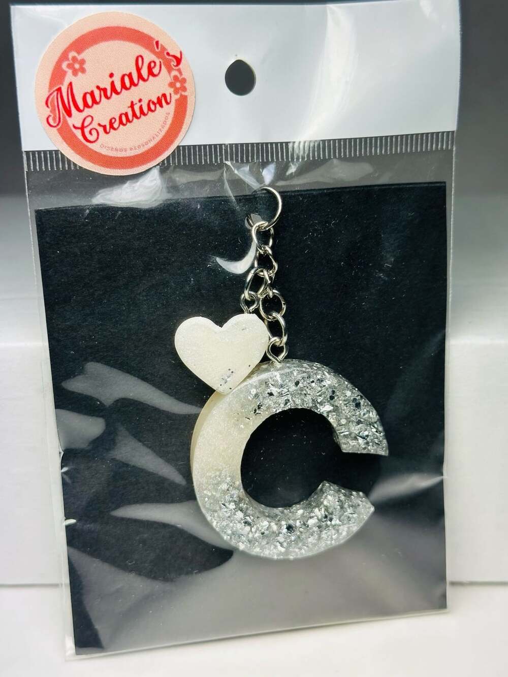 Handmade Resin Letter C Keychain with Glitter and Heart Charm
